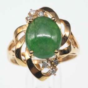 14k Gold And Diamond Natural Cabochon Icy Jadeite Ring