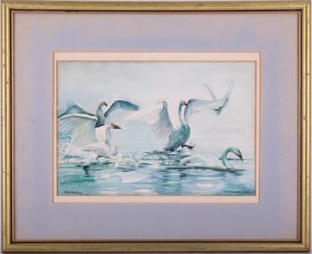 Early 20th C. Impressionist Watercolor On Paper "Swans"