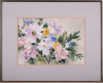 1975 Impressionist Watercolor On Paper "White Flowers"