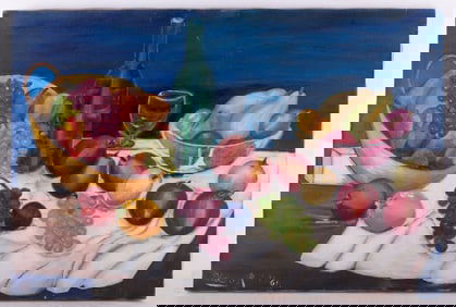 Vintage Modernist Oil On Canvas "Fruits And Wine"