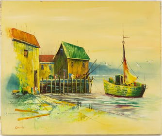 Vintage Decor Oil On Canvas "Harbor View"