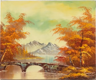 Vintage Scenic Oil On Canvas "Autumn Bridge"