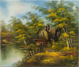 Vintage Scenic Oil On Canvas "House With River"