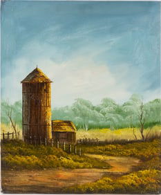Vintage Scenic Oil On Canvas "Barn Landscape"