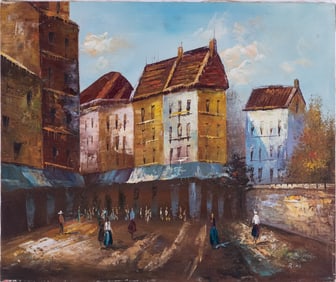 Vintage Scenic Oil On Canvas "Town Street Scene"