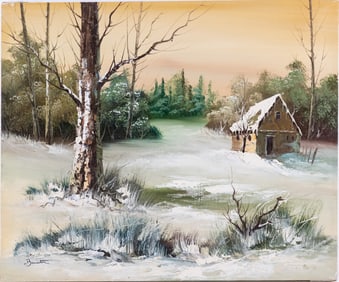 Vintage Scenic Oil On Canvas "Winter Cabin"