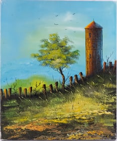 Vintage Scenic Oil On Canvas "Barn Landscape"