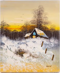 Vintage Scenic Oil On Canvas "Dusk At Winter"