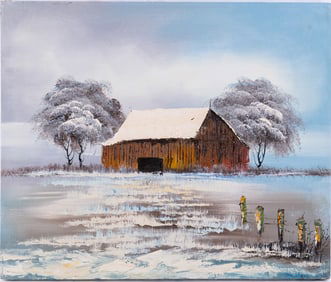 Vintage Scenic Oil On Canvas "Winter Red House"