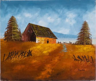 Vintage Scenic Oil On Canvas "Autumn Barn"