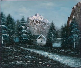 Vintage Scenic Oil On Canvas "Country House"