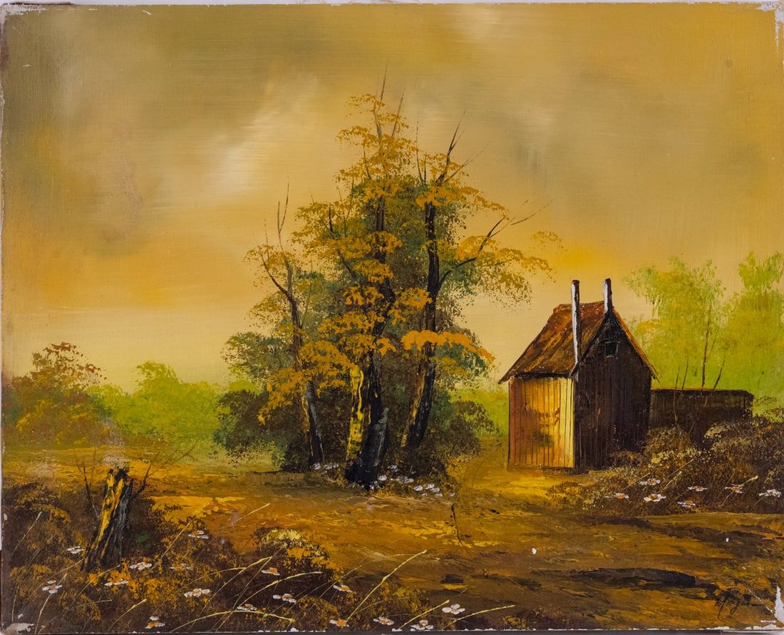 Vintage Scenic Oil On Canvas "House Near Tree" (1 of 5)