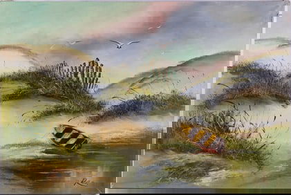 Vintage Scenic Oil On Canvas "Beach Scene"