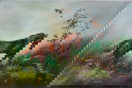 Vintage Scenic Oil On Canvas "Horse"