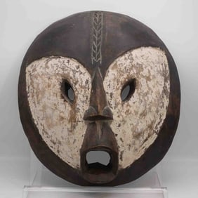 Old Central African Carved Wood Kaolin White Face Mask