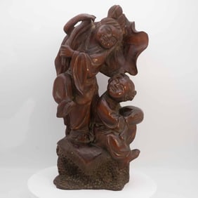 Old Chinese Carved Wood Boy And Girl Sculpture