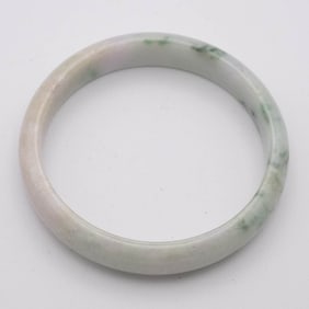 Chinese Carved Natural White And Green Jadeite Bangle