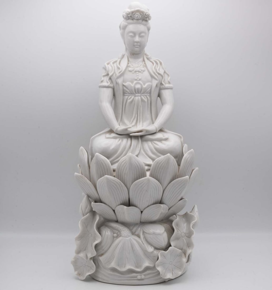Old Chinese White Glaze Porcelain Guanyin Statue: Medium: White Glaze Porcelain Size: 14x7x5 inches Age/Detail: Old Chinese Condition: great overall, check photo for condition reference. Provenance: Collection from Estate in Tribecca LiveShipping is 