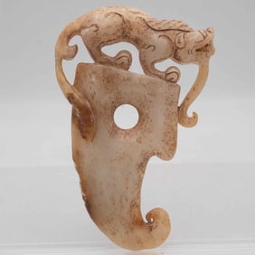 Old Chinese Carved Calcified Jade Mythical Beast Pendant