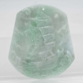 Chinese Carved Natural Green Jadeite Sailboat Pendant