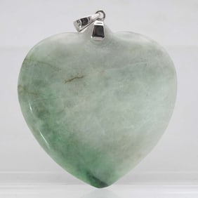 Chinese Carved Natural Green And White Jade Pendant With 14k White Gold Latch
