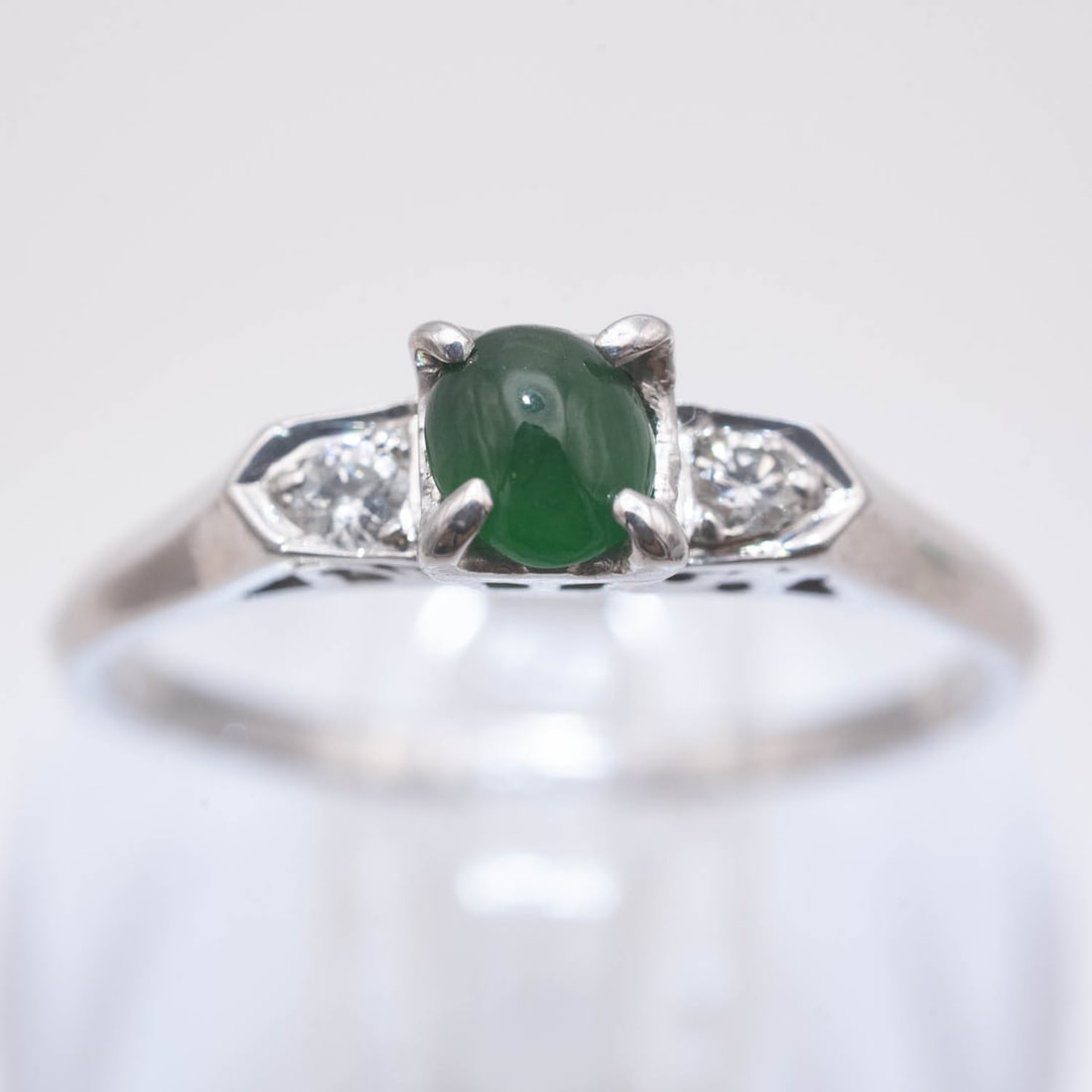 18k White Gold Natural Type A Green Jadeite Ring: Medium: Natural Type A Green Jadeite Size: US7.5 2gram Age/Detail: 18k White Gold Condition: great overall, check photo for condition reference. Provenance: Collection from Estate in Tribecca LiveShip