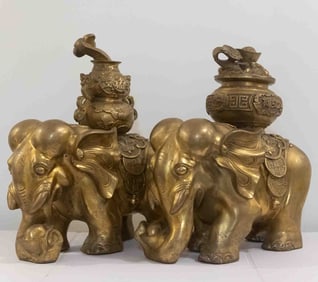 A Pair Of Chinese Old Brass Elephant Fengshui Figure
