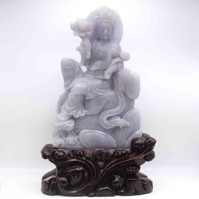 Chinese Carved Natural Lavender Jadeite Large Guanyin Sculpture