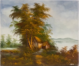 Vintage Scenic Oil On Canvas "House WIth Tree"