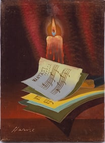 Vintage Still Life Oil On Canvas "Candle And Music Sheet"