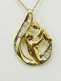 14KT Yellow Gold Natural Diamond Mother and Child Pendant with Chain # 2007