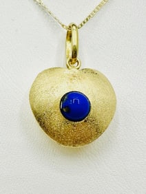 14KT Yellow Gold Cabochon Lapis heart Pendant and Chain # 2064