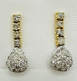 18KT White and Yellow Gold Pair of Natural Diamond teardrops Earrings # 2076