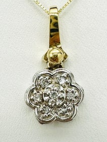 14KT Yellow and white Gold Natural Sapphire and Diamond Flower Pendant and Chain 7 pieces diamond