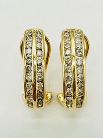 14KT Yellow Gold Pair of Natural Diamond Double Rows Earrings # 2128