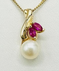14KT Yellow Gold Natural Ruby and Pearl Pendant With Chain # 2160