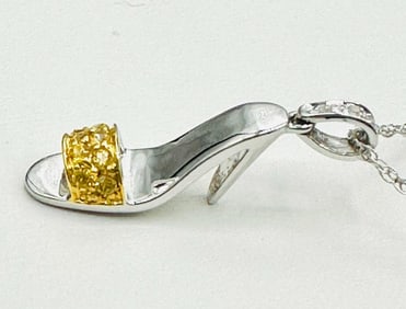 14KT White Gold Natural Diamond and Yellow Topaz Shoe Pendant and Chain # 2164