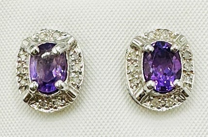 14KT White Gold Pair of Natural Diamond and Amethyst Earrings # 2181