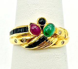 Natural Diamond Ruby Sapphire and Emerald Ring, 14KT Yellow Gold # 2216