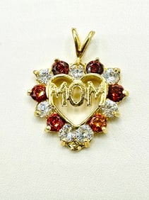 14KT Yellow Gold Color Stone MOM Heart Pendant #2261