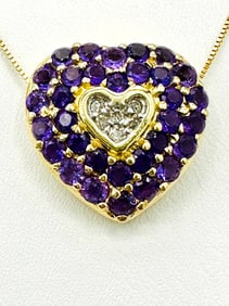 Natural Diamond and Amethyst Heart Pendant, 14KT Yellow Gold # 2272