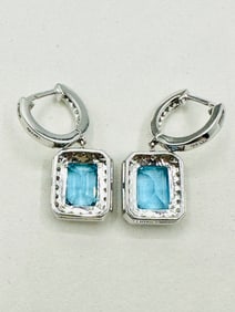 Pair of Natural Diamond and Blue Topaz Huggies Earrings, 14KT White Gold # 2334