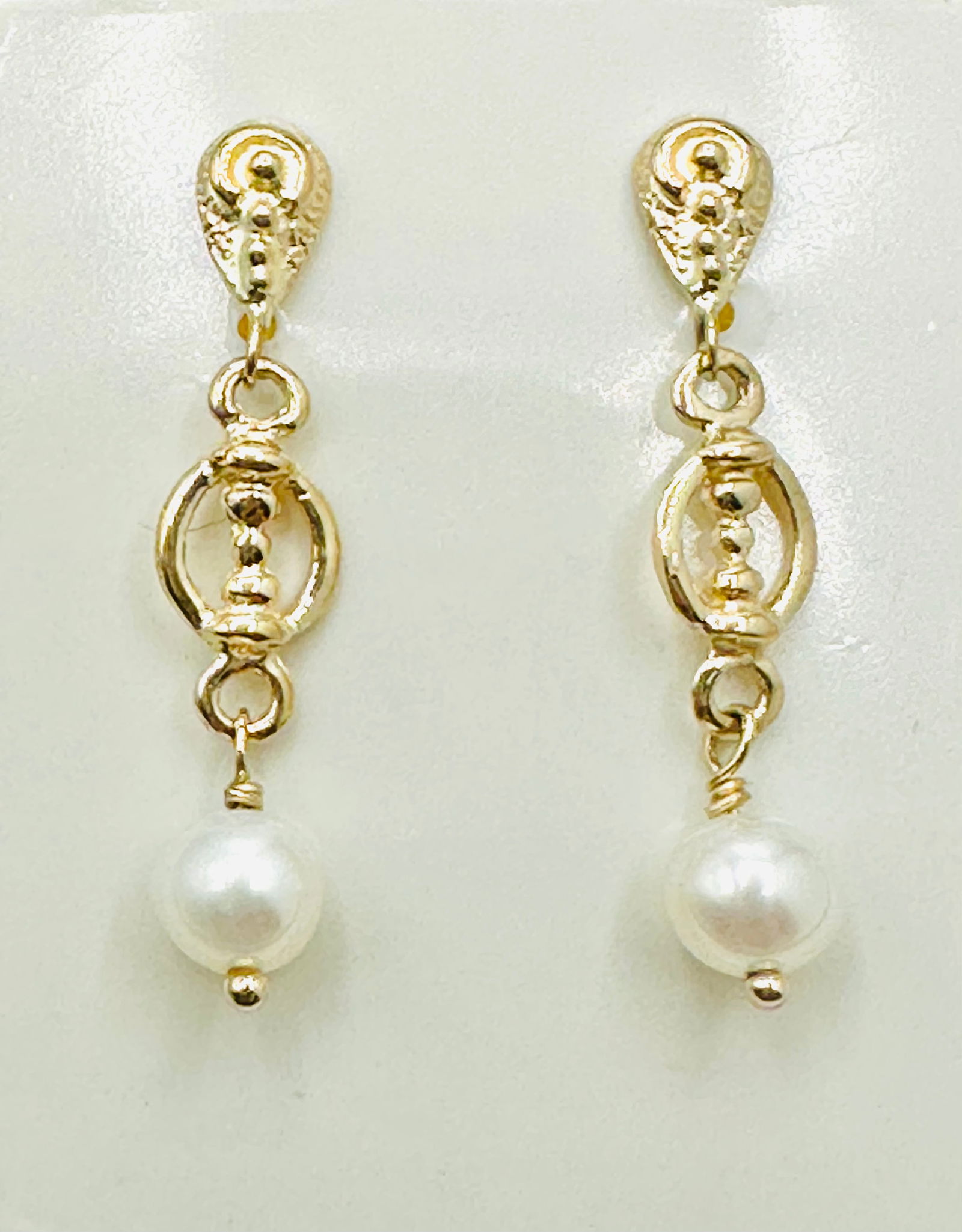 Pair of 14KT Yellow Gold Pearl Hanging Earrings # 2366 (1 of 4)