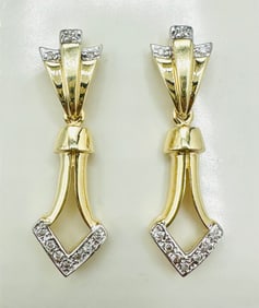 Pair of Natural Diamond Hanging Earrings, 14KT Yellow Gold # 2375