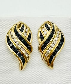 Pair of Natural Diamond and Sapphire Earrings, 14KT Yellow Gold # 2377