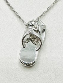 Natural Diamond, 14KT White Gold Slipper Pendant and Chain # 2379