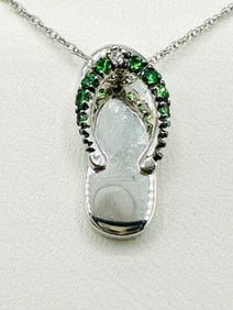 Natural Diamond, 14KT White Gold Slipper Pendant and Chain # 2380
