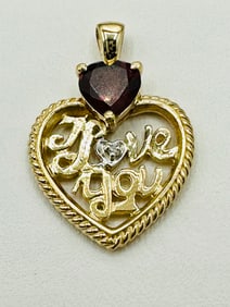 10KT Yellow Gold Garnet Pendant “ I love You “ # 2420