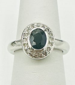 Natural Diamond and Sapphire Halo Ring,14KT White Gold # 2441