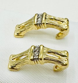 Pair of Natural Diamond bamboo Earrings, 14KT Yellow Gold # 2446
